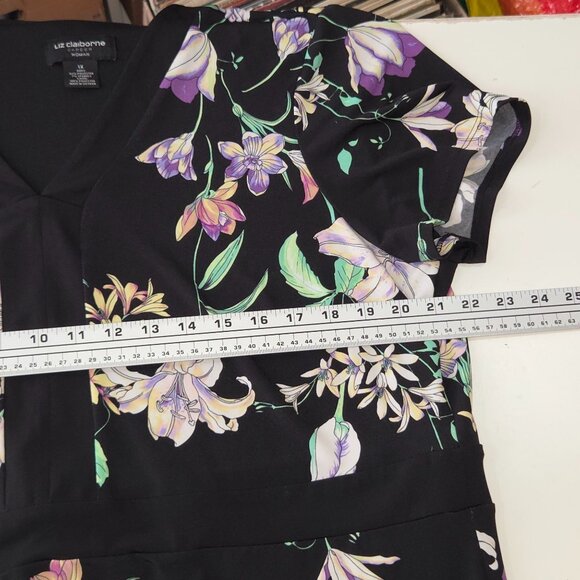 Liz Claiborne Women's Dress Mini Length Cap Sleeve V Neck Black Floral Size 1X - Picture 8 of 9